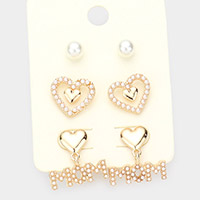 3Pairs - Pearl Embellished Heart MOM Earrings