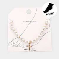 Metal Cross Charm Semi Precious Stretch Anklet
