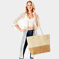 Two Tone Straw Beach Tote Bag