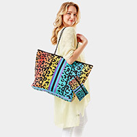 2PCS - Rainbow Leopard Patterned Beach Tote Bag and Mini Pouch Bag Set
