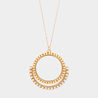 Wood Embellished Geometric Open Circle Pendant Long Necklace