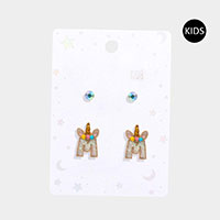 -M- Round Stone Unicorn Monogram Stud Kids Earrings