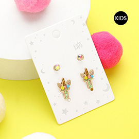 2Pairs - T Round Stone Unicorn Monogram Stud Kids Earrings