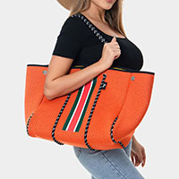 2PCS - Color Block Accented Solid Beach Tote Bag and Mini Pouch Bag Set