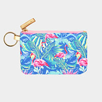 Flamingo Tropical Leaf Patterned ID Wallet Detachable Lanyard