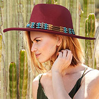 Boho Turquoise Wood Beaded Band Solid Panama Hat