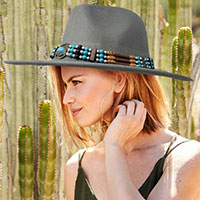 Boho Turquoise Wood Beaded Band Solid Panama Hat