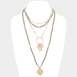 Double Horn Evil Eye Centered Pendant Wood Beaded Multi Layered Necklace