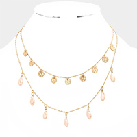 Metal Disc Teardrop Bead Station Double Layered Necklace
