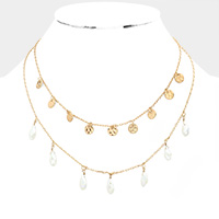 Metal Disc Teardrop Bead Station Double Layered Necklace