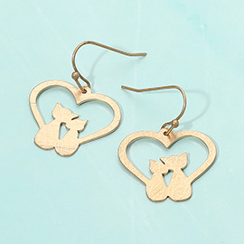 Brass Metal Cats Accented Open Heart Dangle Earrings