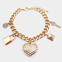 Round Lock Heart Square Key Charm Station Bracelet