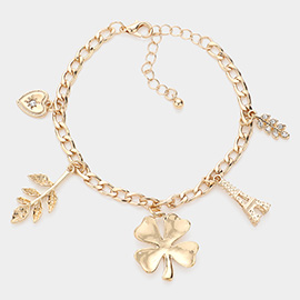 Heart Leaf Clover Eiffel Tower Charm Station Bracelet