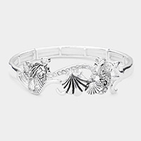 Rhinestone Embellished Antique Metal Mermaid Shell Seahorse Stretch Bracelet