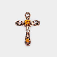 Stone Embellished Antique Metal Cross Pin Brooch / Pendant