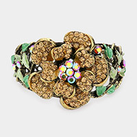 Flower Accented Colored Metal Leaf Hinged Evening Bracelet