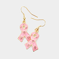 Stone Embellished Enamel Pink Ribbon Dangle Earrings