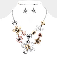 Metal Flower Link Statement Necklace
