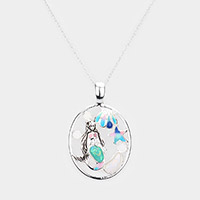 Glittered Mermaid Shell Starfish Accented Oval Pendant Necklace