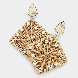 Teardrop Natural Stone Studded Woven Wood Square Link Dangle Earrings
