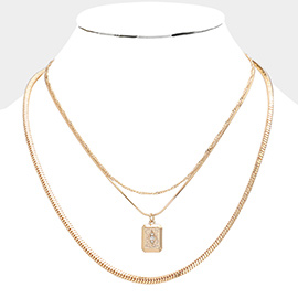 Stone Centered Brass Metal Octagon Pendant Triple Layered Necklace
