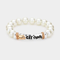CAT mom Message Pearl Stretch Bracelet