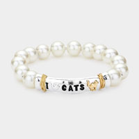 I LOVE CATS Message Pearl Stretch Bracelet