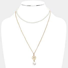 Rhinestone Embellished Hamsa Hand Freshwater Pearl Link Double Layered Necklace
