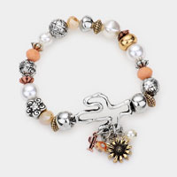 Cactus Accented Sunflower Pearl Link Beaded Stretch Bracelet