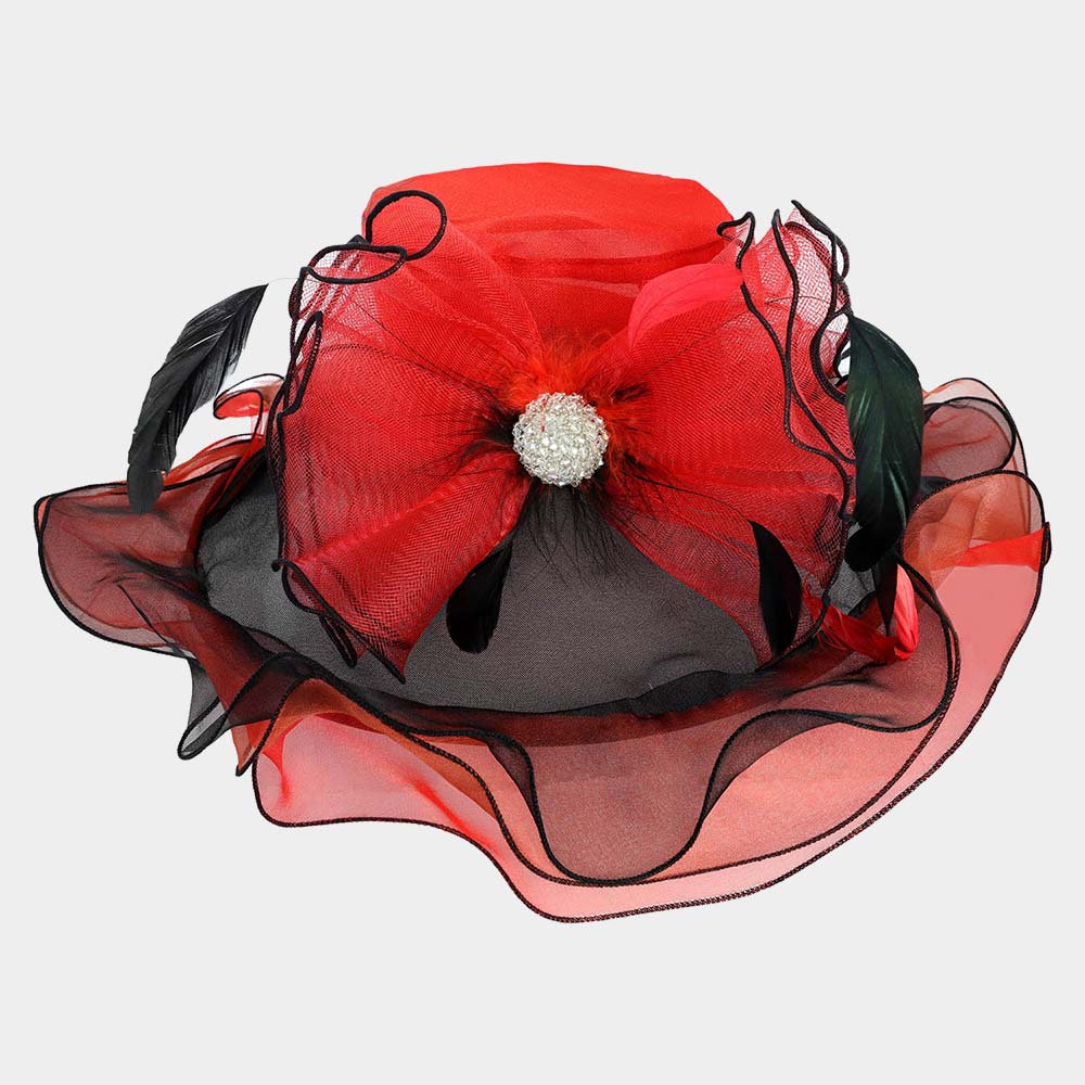 Flower Feather Accented Double Layered Organza Hat