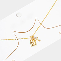 Gold Dipped Rhinestone Embellished Key Lock Pendant Necklace