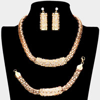 3PCS - Rhinestone Embellished Clover Detailed Necklace Jewelry Set