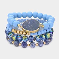 4PCS - Natural Stone Accented Wood Faceted Beaded Stretch Bracelets