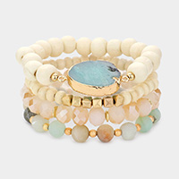4PCS - Natural Stone Accented Wood Faceted Beaded Stretch Bracelets