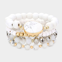 4PCS - Natural Stone Accented Wood Faceted Beaded Stretch Bracelets