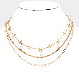 Freshwater Pearl Station Brass Metal Triple Layered Necklace