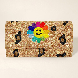 Smile Flower Accented Leopard Patterned Seed Beaded Clutch / Crossbody Bag