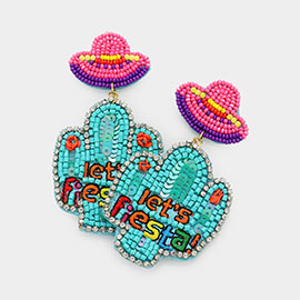 let's Fiesta! Message Felt Back Sequin Beaded Cactus Dangle Earrings