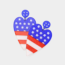 Glittered Resin American USA Flag Heart Dangle Earrings