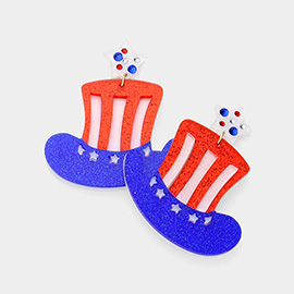 Glittered Resin American USA Flag Hat Dangle Earrings
