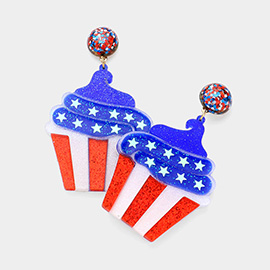 Glittered Resin American USA Flag Cupcake Dangle Earrings