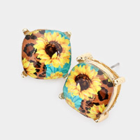 Leopard Pattern Sunflower Printed Square Stud Earrings