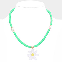 Flower Pendant Pearl Heishi Beaded Necklace
