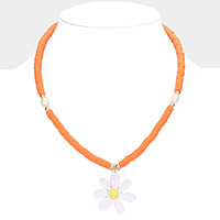 Flower Pendant Pearl Heishi Beaded Necklace