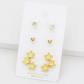 3Pairs - CZ Round Metal Ball Enamel Triple Star Stud Earrings