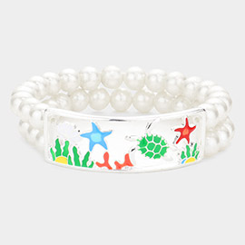 Enamel Starfish Turtle Coral Accented Double Layered Pearl Stretch Bracelet