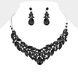 Teardrop Stone Accented Leaf Cluster Evening Necklace