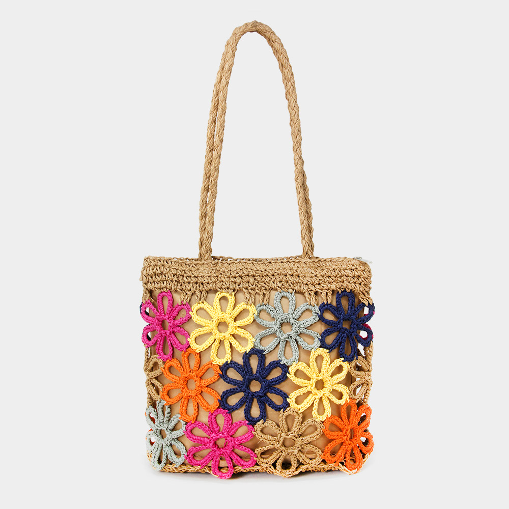 Colorful Floral Crochet Straw Tote Bag