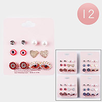 12 Set of 6 - Round Stone Pearl Heart Evil Eye Stud Earrings