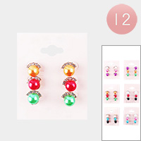 12 Set of 3 - Round Colored Pearl Stud Earrings